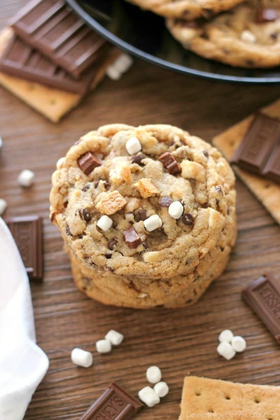 These S'mores Cookies are made with a graham cracker cookie dough, miniature chocolate chips, and marshmallows bits for a great alternative to campfire s'mores that is equally as tasty. 