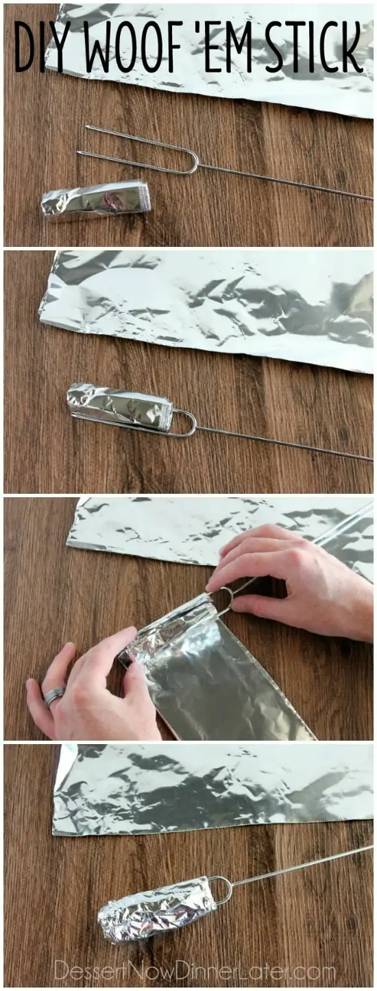 Make your own DIY Woof 'Em Stick with a regular hot dog roasting stick and heavy duty foil.