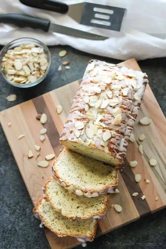 This Almond Poppy Seed Bread recipe has a sweet almond flavor inside and out, and is perfectly moist and delicious.