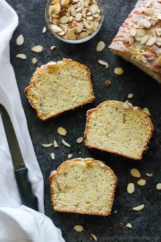 This Almond Poppy Seed Bread recipe has a sweet almond flavor inside and out, and is perfectly moist and delicious.