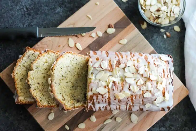 This Almond Poppy Seed Bread recipe has a sweet almond flavor inside and out, and is perfectly moist and delicious.