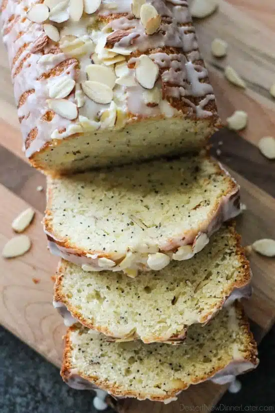 This Almond Poppy Seed Bread recipe has a sweet almond flavor inside and out, and is perfectly moist and delicious.