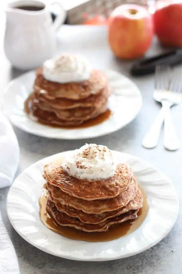 Real apple pieces and a hearty helping of cinnamon turn regular pancakes into these simple, yet special Apple Cinnamon Pancakes.