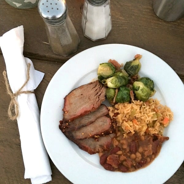 Smoked Tri-Tip, Maple Bacon Brussel Sprouts, Confetti Rice, and Baked Beans.