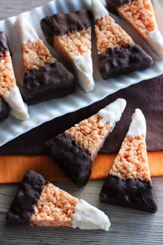 Chocolate Dipped Candy Corn Rice Krispie Treats are a fun and easy Halloween treat that the whole family will enjoy!