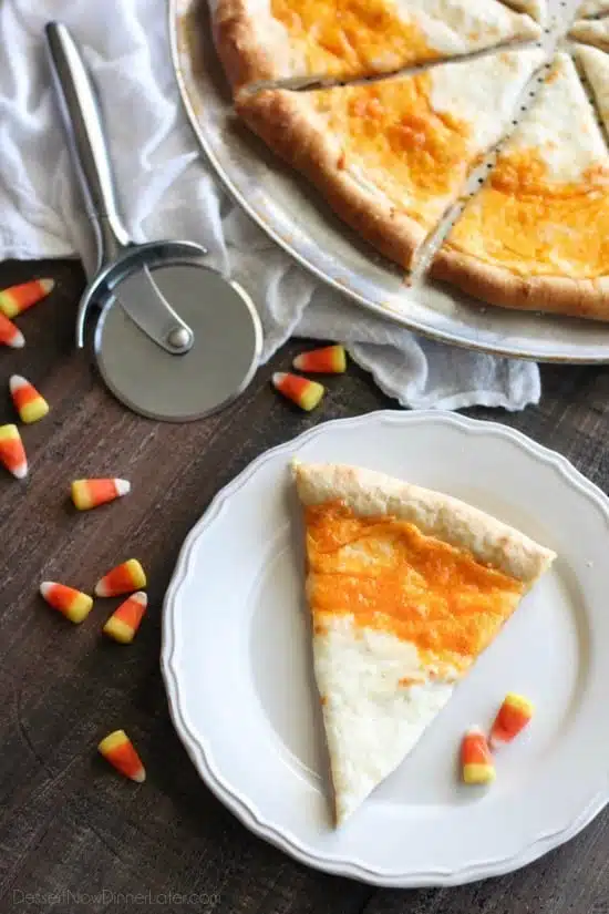 Candy Corn Pizza is a fun and easy idea for Halloween dinner -- even the kids can make it!