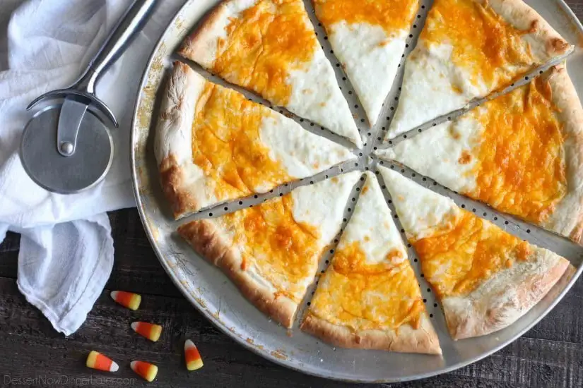 Candy Corn Pizza is a fun and easy idea for Halloween dinner -- even the kids can make it!