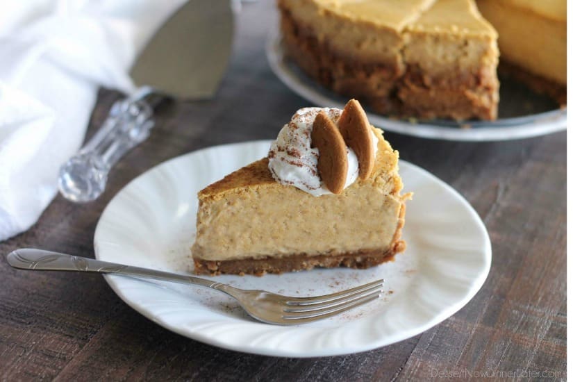 This Gingersnap Pumpkin Cheesecake is full of fall flavors, from the gingersnap cookie crust, to the spiced pumpkin cheesecake. It's the perfect pumpkin dessert! *PLUS! Tips on how to prevent cracks in your cheesecake!*