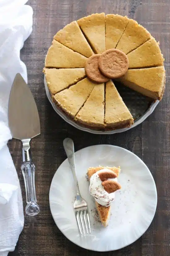 This Gingersnap Pumpkin Cheesecake is full of fall flavors, from the gingersnap cookie crust, to the spiced pumpkin cheesecake. It's the perfect pumpkin dessert! *PLUS! Tips on how to prevent cracks in your cheesecake!*