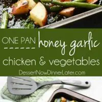 This one pan chicken dinner has the most delicious honey garlic glazed chicken alongside tenderly roasted potatoes and green beans. Plus, it's so easy and flavorful, you'll make again and again!
