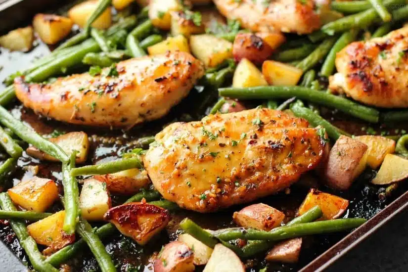 This one pan chicken dinner has the most delicious honey garlic glazed chicken alongside tenderly roasted potatoes and green beans. Plus, it's so easy and flavorful, you'll make again and again!