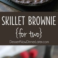 This fudgy skillet brownie is made with a boxed mix for a quick dessert for two! Eat it warm from the oven topped with ice cream, chocolate chips, and fresh raspberries for an extra special treat!