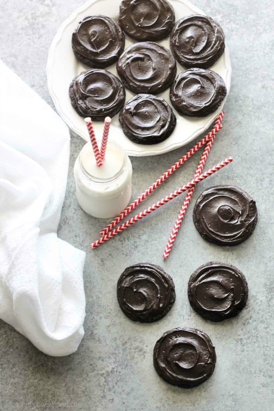 Fudgy dark chocolate sugar cookies are frosted with a creamy chocolate buttercream frosting. Inspired by Swig's Dirtball Cookie, these frosted chocolate sugar cookies are sure to be a new favorite!