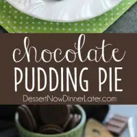 Homemade chocolate pudding topped with sweetened whipped cream, all nestled inside a chocolate cookie crust, makes the most delicious no-bake Chocolate Pudding Pie.