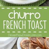 Churro French Toast - Thick slices of French bread are battered and pan fried, then dipped in cinnamon-sugar, and topped with a buttery cream cheese frosting. Delicious!
