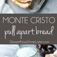 This Monte Cristo Pull Apart Bread is full of savory meats and melty cheese. It's topped with a dusting of powdered sugar and served with raspberry preserves. Works great as a breakfast, lunch, dinner, or appetizer!