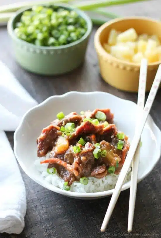 This Slow Cooker Mongolian Beef & Pineapple is a little spicy, a little sweet, full of authentic Asian flavors, and is so easy to make!