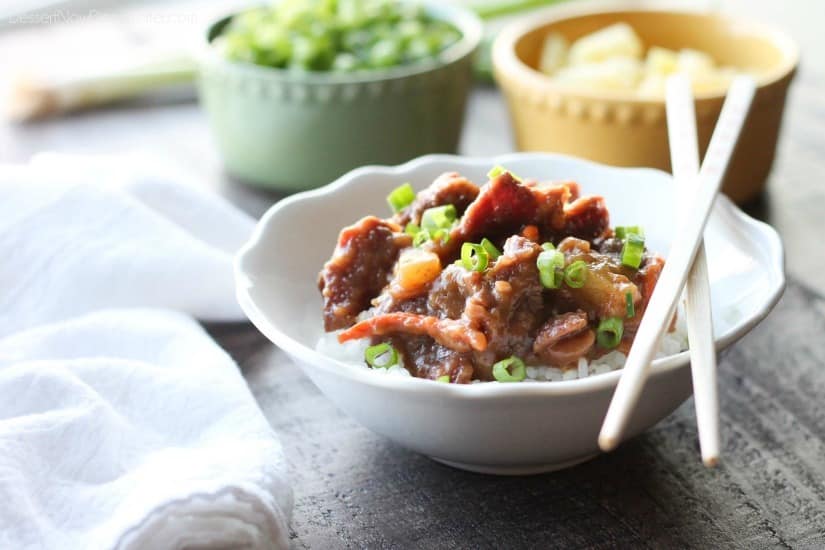 This Slow Cooker Mongolian Beef & Pineapple is a little spicy, a little sweet, full of authentic Asian flavors, and is so easy to make!