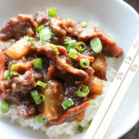 This Slow Cooker Mongolian Beef & Pineapple is a little spicy, a little sweet, full of authentic Asian flavors, and is so easy to make!
