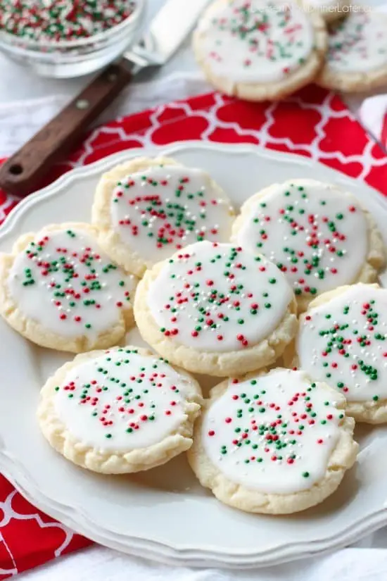 Meltaway cookies are a soft, lightly sweet shortbread cookie that literally melts away in your mouth. Top it with a thin glaze and red and green sprinkles for a festive Christmas cookie treat.