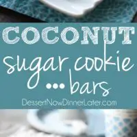 These Coconut Sugar Cookie Bars have lots of delicious coconut flavor from the crust, to the frosting, and the shredded coconut on top. Plus, they are super soft, chewy, and easy to make!