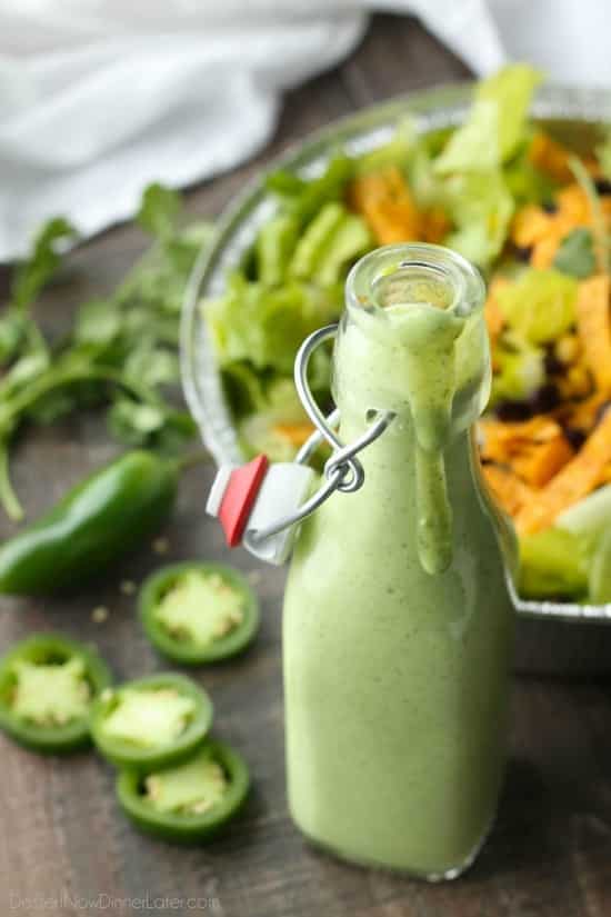 This Cafe Rio Style Cilantro Ranch Dressing is tangy, super creamy, and has a just the right kick of jalapeño. You'll want to put it on everything!