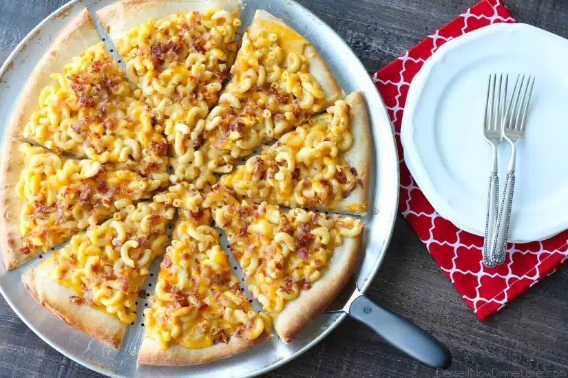 Mac and Cheese Pizza combines two tasty dinners into one incredible meal. It's so easy, the kids can make it! Top it with bacon for extra deliciousness!