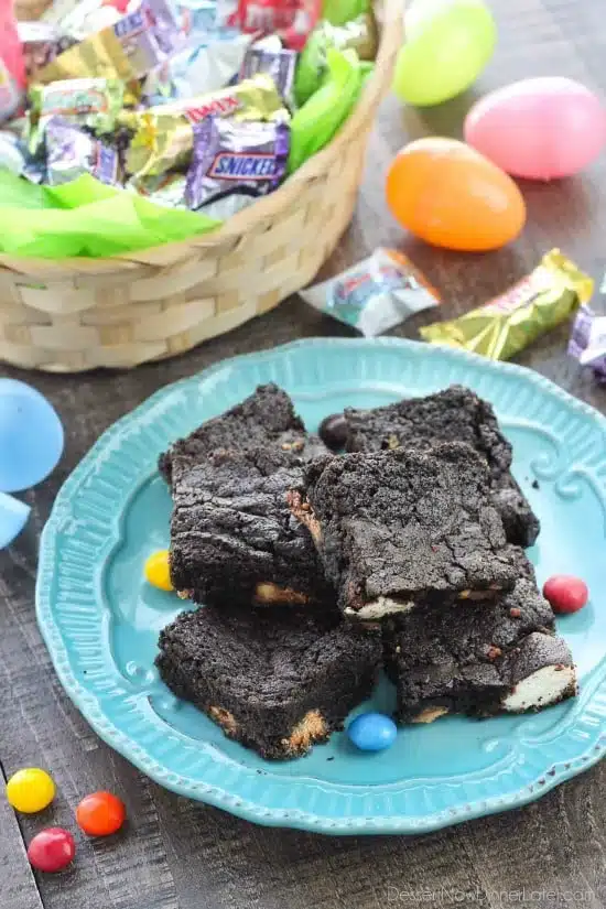 These candy bar brownies are stuffed with Easter candy for a surprise in each bite - just like an Easter egg hunt!