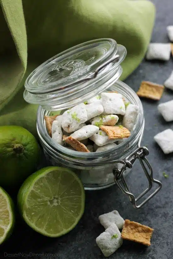 Key Lime Muddy Buddies are inspired by the flavors of a classic key lime pie. They're tangy and sweet, with graham cracker cereal pieces throughout. Perfect for parties or movie night snacking!