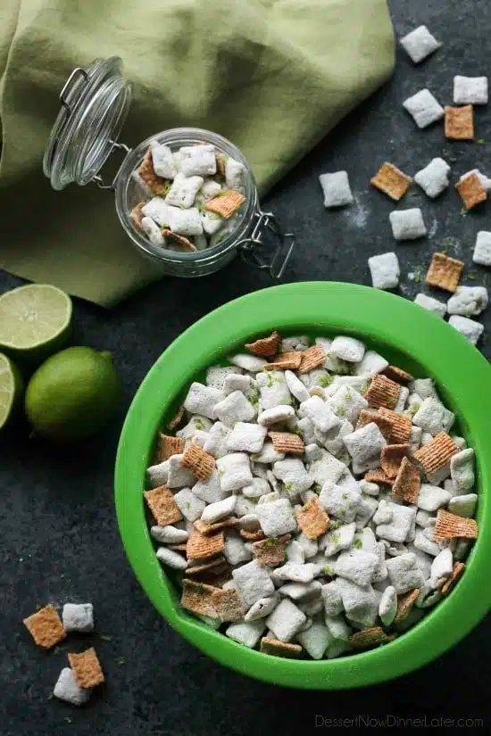 Key Lime Muddy Buddies are inspired by the flavors of a classic key lime pie. They're tangy and sweet, with graham cracker cereal pieces throughout. Perfect for parties or movie night snacking!