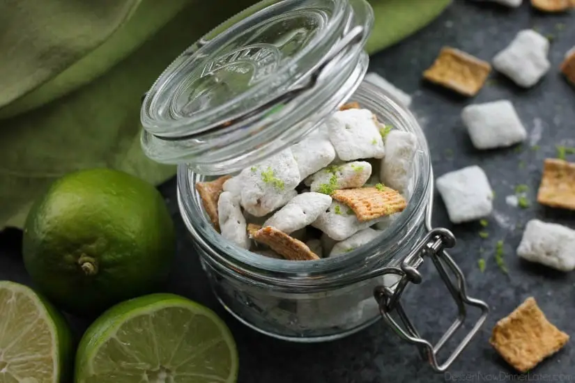Key Lime Muddy Buddies are inspired by the flavors of a classic key lime pie. They're tangy and sweet, with graham cracker cereal pieces throughout. Perfect for parties or movie night snacking!