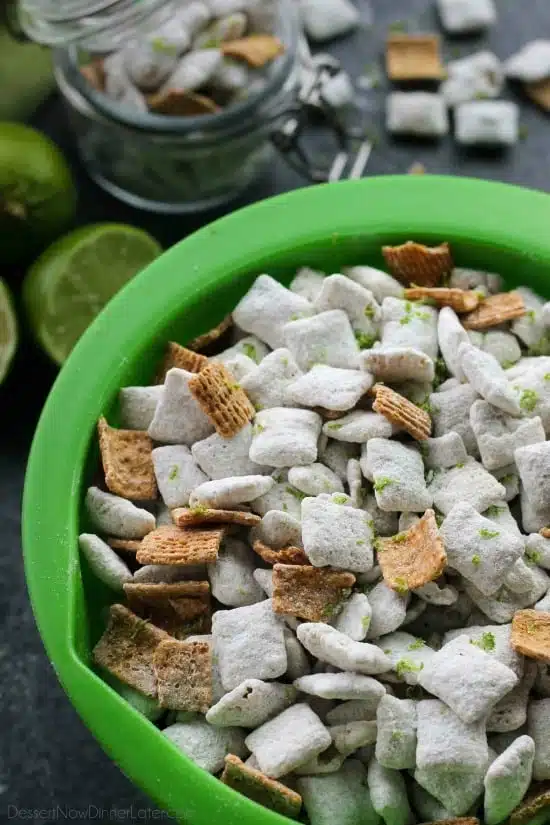 Key Lime Muddy Buddies are inspired by the flavors of a classic key lime pie. They're tangy and sweet, with graham cracker cereal pieces throughout. Perfect for parties or movie night snacking!