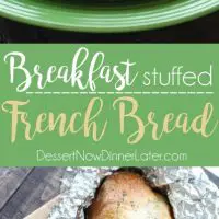 This Breakfast Stuffed French Bread is like a huge breakfast sandwich stuffed with soft scrambled eggs, meaty sausage, and sharp cheddar cheese inside a fresh baked loaf of French bread. (Substitute your favorite meats or cheeses to create your own!)