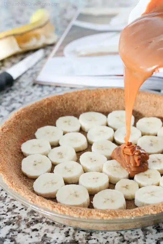 This Caramel Banana Cream Pie is heavenly and so easy to make! With caramel and freshly sliced bananas on the bottom of a homemade graham cracker crust, and a rich, creamy pudding layer on top, this banana cream pie is sure to be your new favorite dessert!