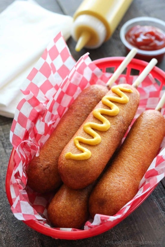 These homemade corn dogs are lightly sweet, crisp, and hand-dipped just like the ones at Corn Dog Castle in California Adventure, Disneyland. They freeze well too!