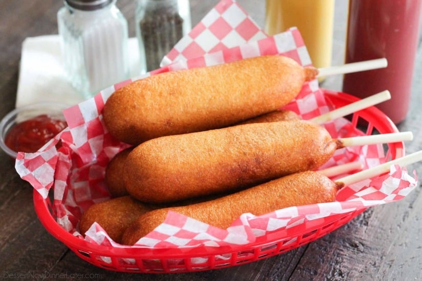 These homemade corn dogs are lightly sweet, crisp, and hand-dipped just like the ones at Corn Dog Castle in California Adventure, Disneyland. They freeze well too!