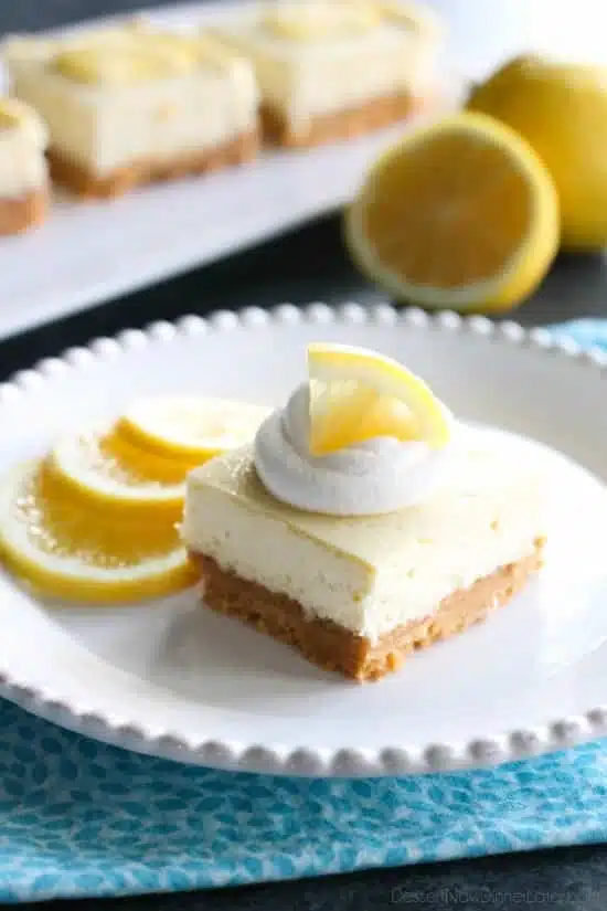 Lemon Cheesecake Bars are creamy and lightly sweet with a bright and tangy lemon flavor throughout for a wonderful spring time dessert.