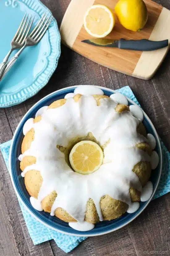 Lemon Poppy Seed Bundt Cake is perfectly moist, full of citrus flavor, and topped with a zesty lemon glaze.