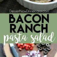 Bacon Ranch Pasta Salad is perfect for BBQ's and all your summer get togethers. It's loaded with pasta, bacon, cheese, olives, tomatoes, and onion then tossed with a simple, creamy ranch dressing.