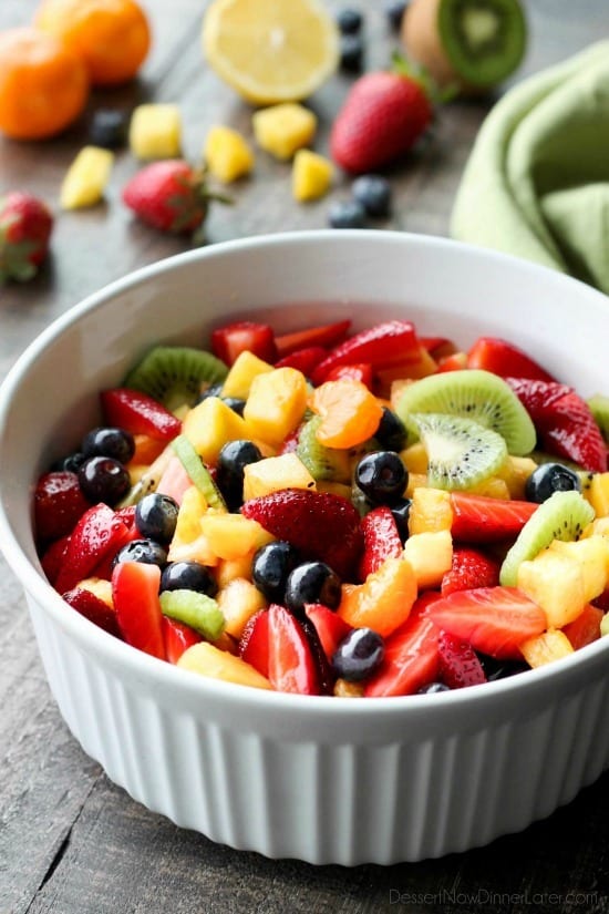 This summer fruit salad is as colorful as a rainbow, and is tossed in a reduced honey orange glaze for the perfect amount of added sweetness and flavor. Great for barbecues, potlucks, and picnics!