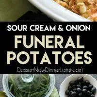 These funeral potatoes are creamy and cheesy, with sour cream, onions, extra spices, and a crunchy potato chip topping. Always a hit, this cheesy potato casserole will get gobbled up quick! Great for potlucks and holidays.