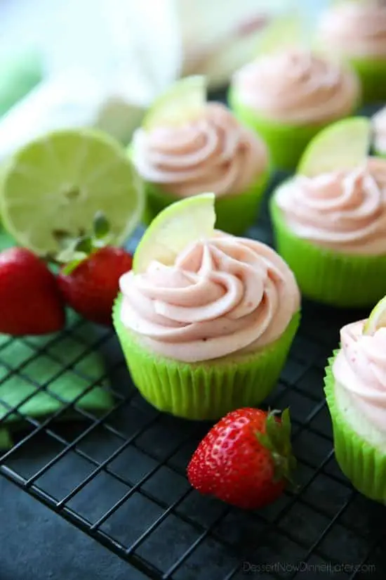 Strawberry Lime Cupcakes are perfect for summer, with a tangy lime cupcake base and sweet strawberry frosting they are sure to be loved by all. A family-friendly, non-alcoholic alternative to strawberry margarita cupcakes!