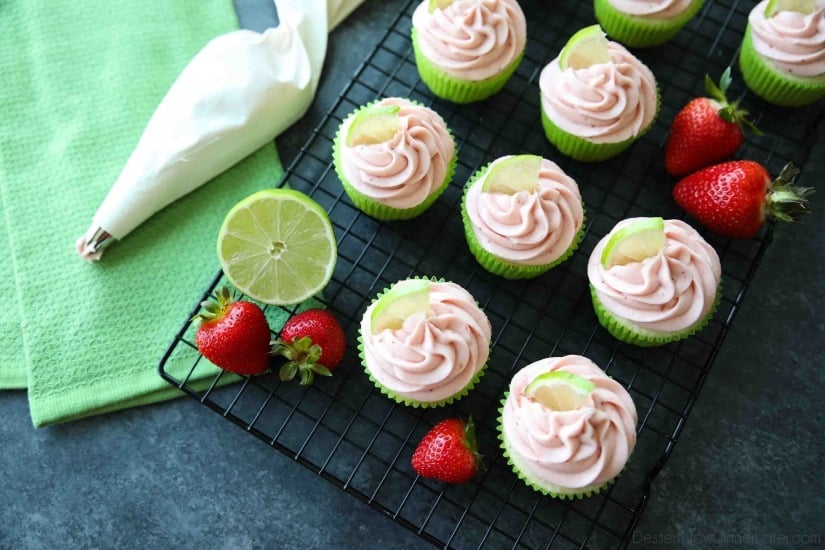 Strawberry Lime Cupcakes are perfect for summer, with a tangy lime cupcake base and sweet strawberry frosting they are sure to be loved by all. A family-friendly, non-alcoholic alternative to strawberry margarita cupcakes!
