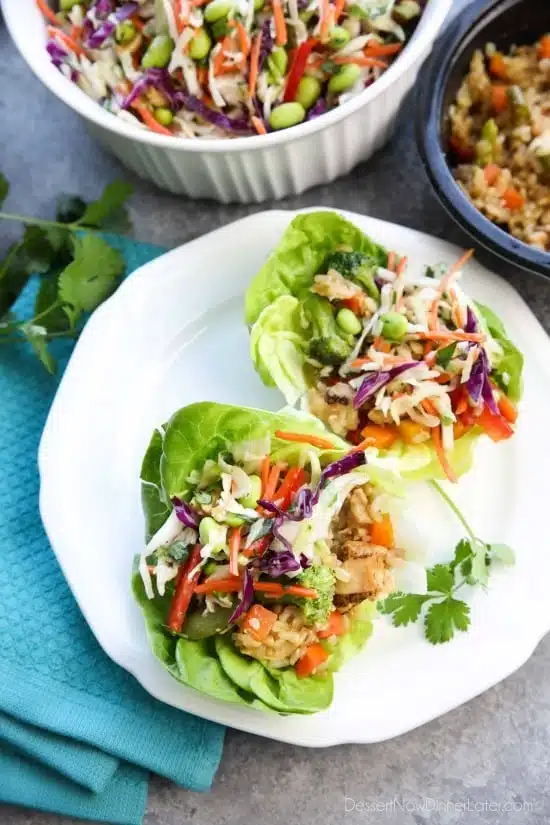 Whip up these Teriyaki Chicken Lettuce Wraps with Asian Slaw in no time for an easy family dinner with insanely tasty flavors!