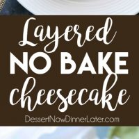 This no bake cheesecake has two layers of light and smooth cheesecake -- creamy vanilla and decadent chocolate, layered inside a chocolate cookie crust, and topped with sweetened whipped cream and chocolate shavings. It's an easy and delicious summer dessert!