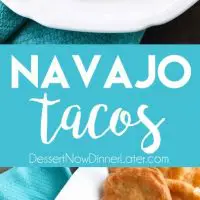 These easy Navajo Tacos (also known as Indian Fry Bread) are quick to whip up for dinner, smothered with a beef and bean taco filling, and finished with all the classic taco toppings. A fair food favorite made easily at home!