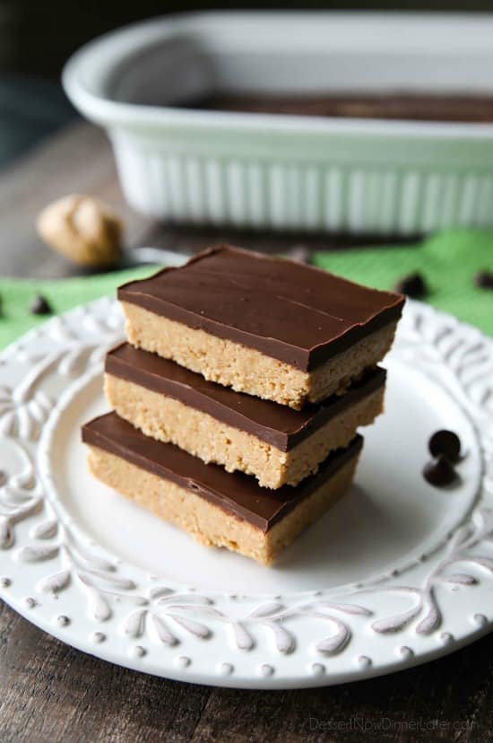 Easy No Bake Peanut Butter Bars taste a lot like a Reese's Peanut Butter Cup. The perfect party pleasing dessert with a sweet peanut butter base, and creamy chocolate ganache topping.