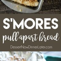 S'mores Pull Apart Bread is loaded with graham cracker crumbs, marshmallows, and chocolate chips, then topped off with a marshmallow glaze for a camping inspired dessert you can enjoy anytime!
