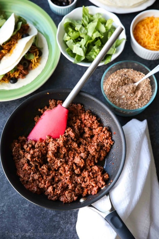 The BEST taco meat ever! It's saucy and full of flavor made with an easy homemade taco seasoning. A recipe the whole family will enjoy for Taco Tuesdays!