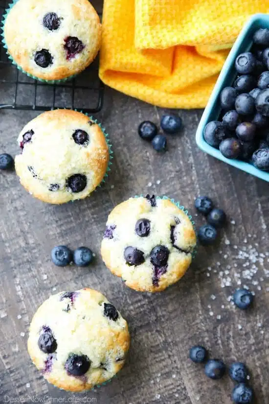 These Blueberry Muffins are so easy to make! With plump blueberries throughout and coarse sugar sprinkled on top, you'll love nibbling on these tasty muffins for breakfast (or brunch)!